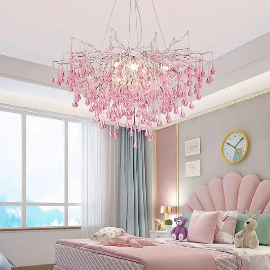 Princess Children's Room Pink Crystal Pendant Bedroom Interior Colorful Ceiling Living Room Water Drop Ceiling Decorative Light