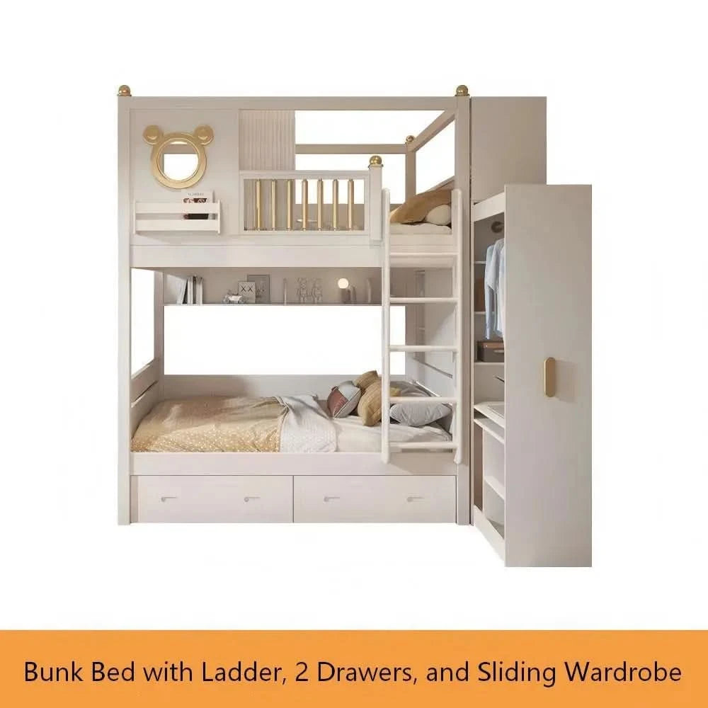 Modern Comfortable Wooden Bunk Bed with Double Top Loft Design Unisex Width Suitable for Nursery  Living Room  with Slide