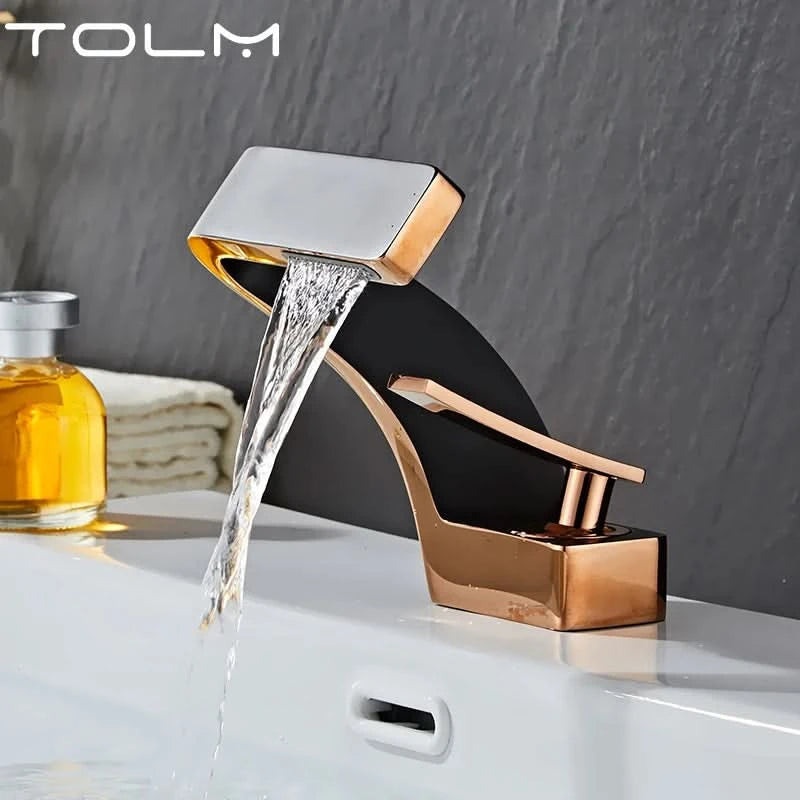 TOLM Brass Black Gold Basin Faucet Bathroom Sink Faucets Hot Cold Water Mixer Crane Deck Mounted Single Handle Hole Bath Kitchen