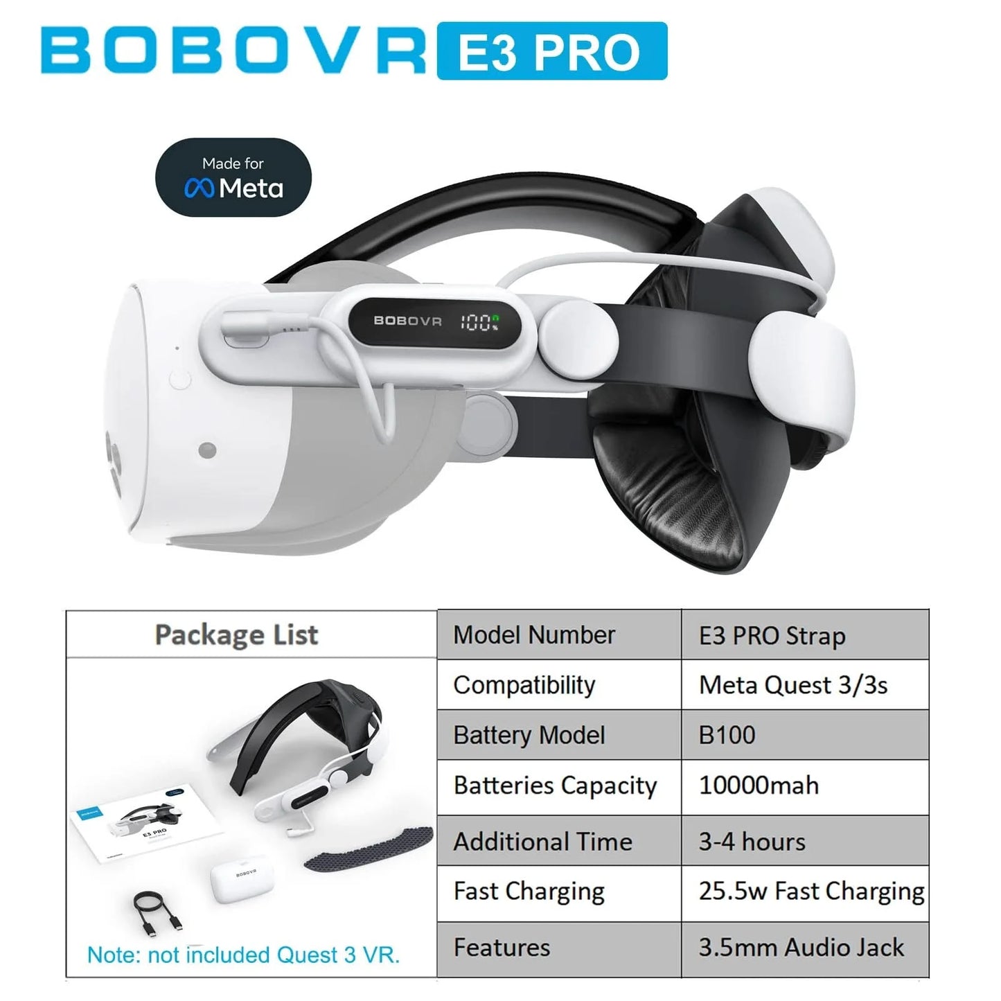 BOBOVR Head Strap kompatibel mit Meta Quest 3/Quest3S BOBOVR S3 Pro/E3PRO/M3 Pro Akku-Kopfband VR-Zubehör