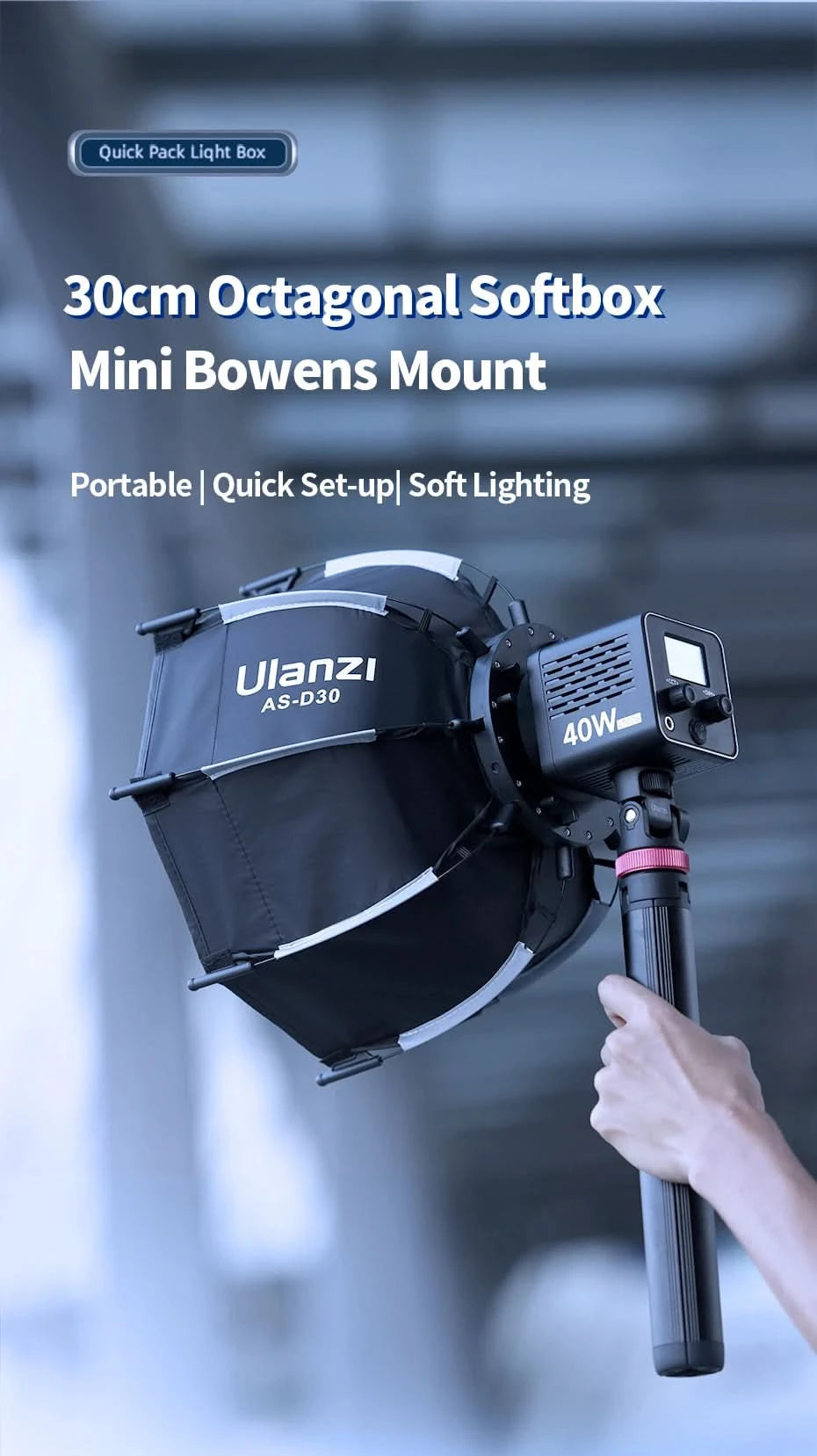 Ulanzi AS-D30 30cm achteckige Softbox Mini Bowens Mount Schnellspann-Wabengitter-Softbox für Ulanzi LT028 LT005 COB-Licht
