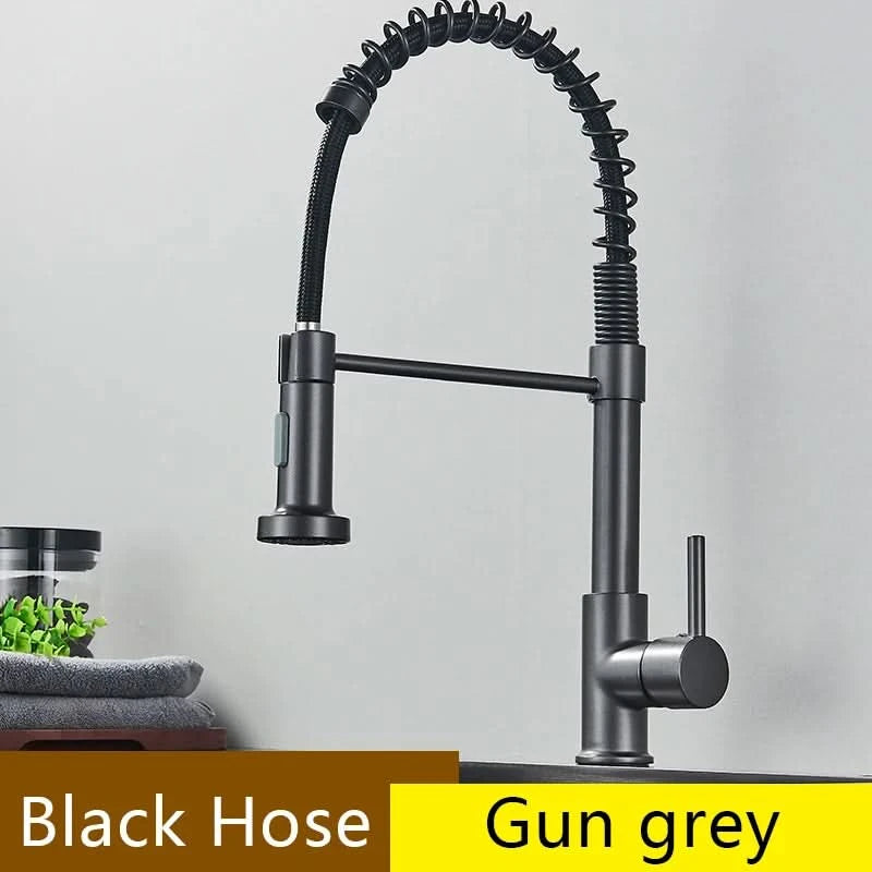 Küchenarmatur aus gebürstetem Nickel mit Ausziehbrause, Heiß- und Kaltwasserhahn, Messing, drehbar, Küchenmischbatterie, Wasserhahn