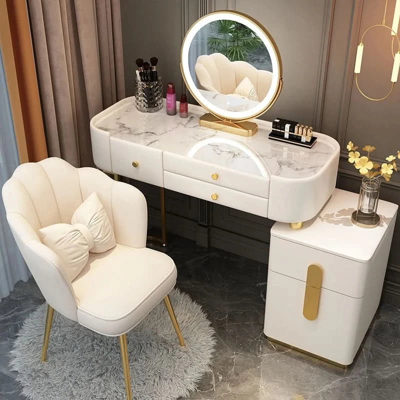 Luxury Jewelery Storage Dressing Table Glass Top Girls Unique Makeup Mirror Beauty Dressing Table Light White Muebles Decoration