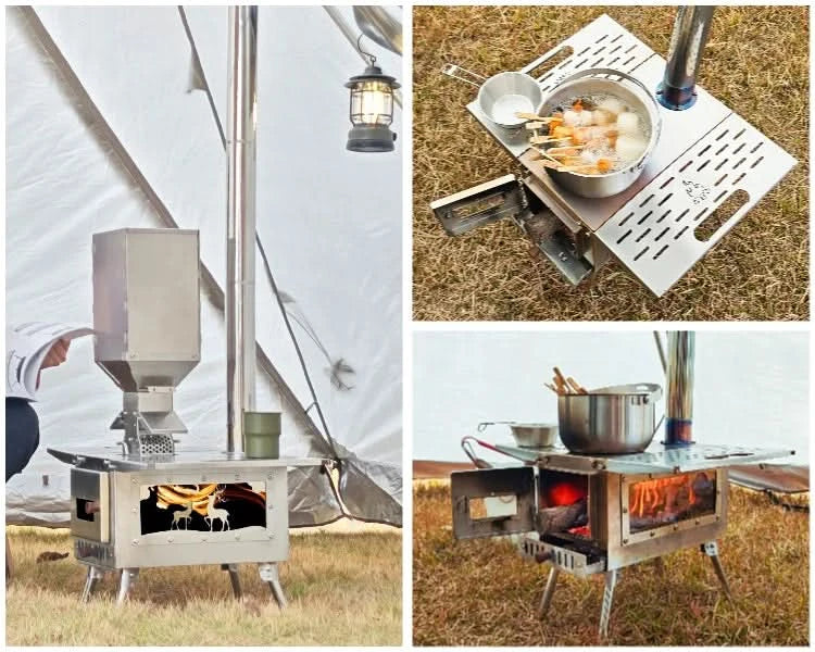 Camping Wood Stove Fire View Side Glass Portable Folding Wood Burner with Chimney Stainless Steel Tent Heater for Ice Fishing