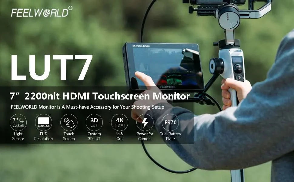 FEELWORLD LUT7 7 Inch 2200nits Touchscreen Camera Field Monitor with 3D LUT HDMI Input Output Waveform VectorScope Histogram