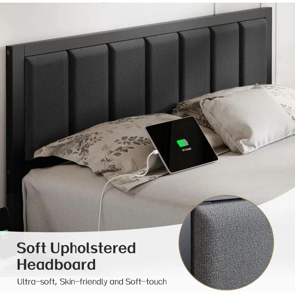 Bed Frame with Headboard Metal Platform Bed with USB Charging Station and LED Lights, No Box Spring Needed Customized