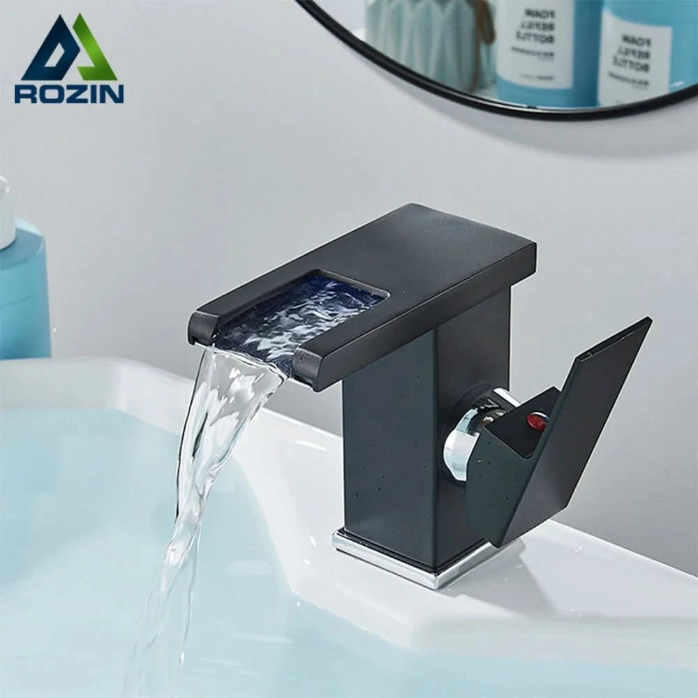 Rozin LED-Badwaschtischarmatur schwarz Wasserfall-Waschtischarmaturen Hydroelektrische LED-Waschtischarmatur Warm- und Kaltwasser-Mischbatterie