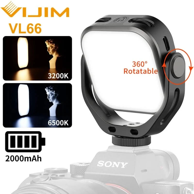 Ulanzi VIJIM VL66 3200k-6500k Vlog Fülllicht 360° drehbares LED-Videolicht mit erweiterter Kaltschuhhalterung 2000mAh Akku mit Lichtstativ