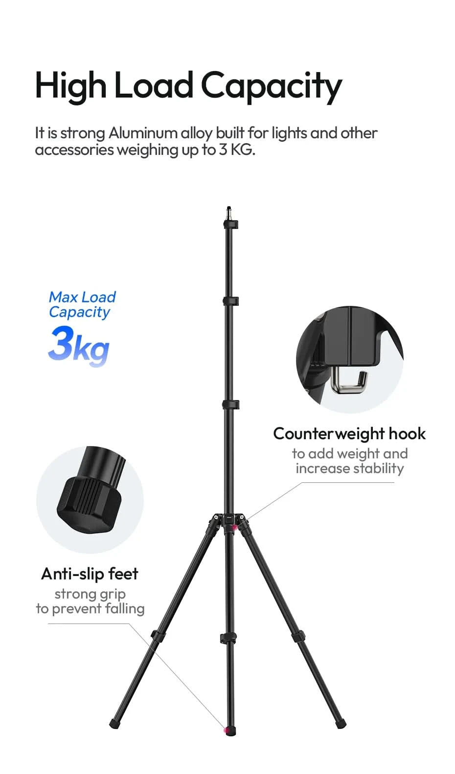 Ulanzi TT43 Reversible Leg Light Stand 1.9m Foldable Portable Light Stand Tripod for Max Load 3kg for DSLR Camera Smartphone