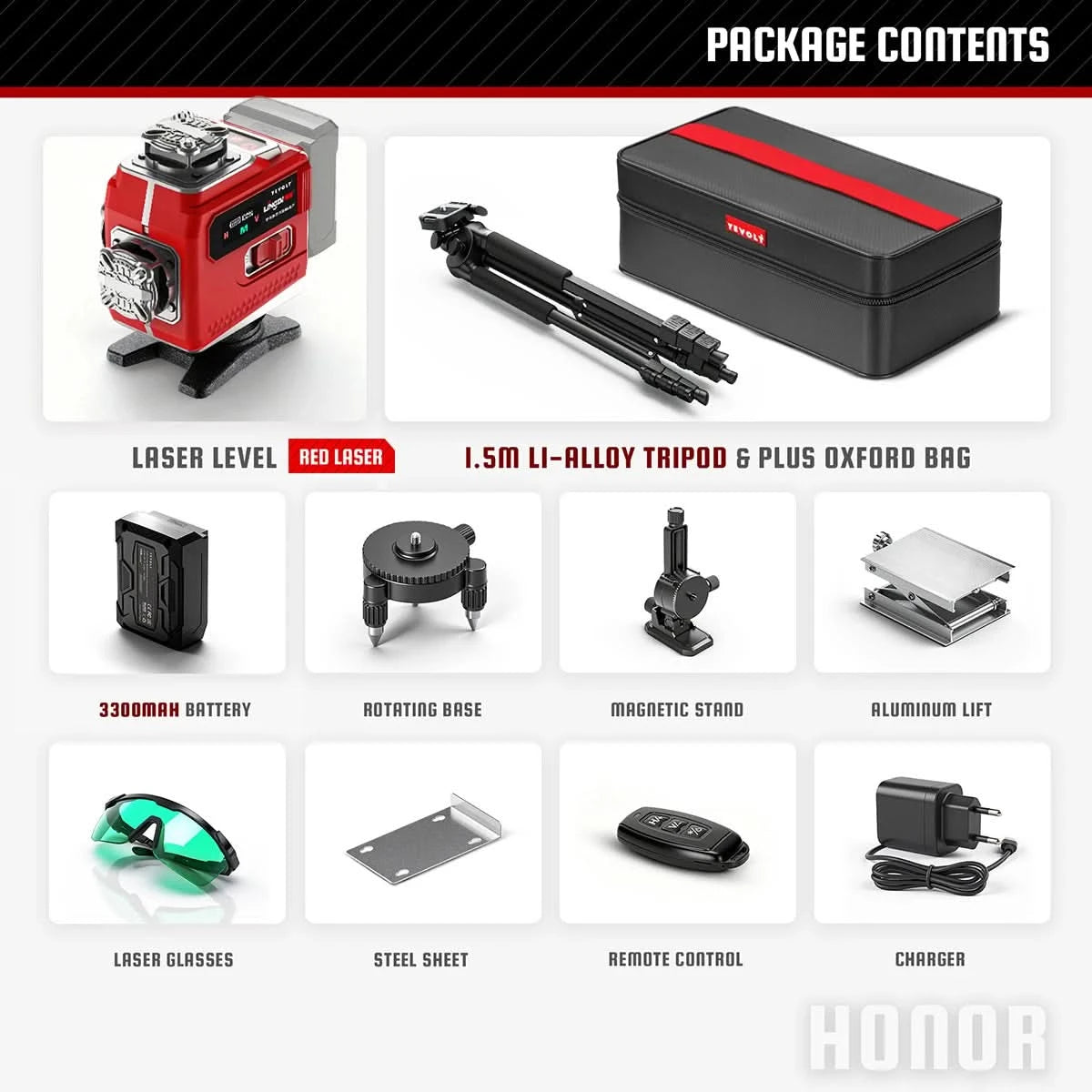 YEVOLT YVGLL4LD16 4-Plane Red Laser Level 4D 16 Lines with  All Day Work Self-Leveling Measuring Horizontal & Vertical Tools
