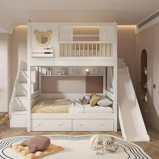 Modern Comfortable Wooden Bunk Bed with Double Top Loft Design Unisex Width Suitable for Nursery  Living Room  with Slide
