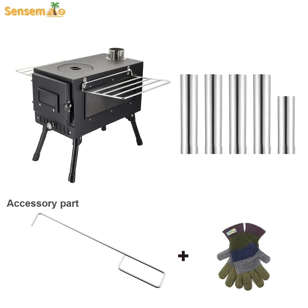 Camping Wood Stove Fire View Side Glass Portable Folding Wood Burner with Chimney Stainless Steel Tent Heater for Ice Fishing