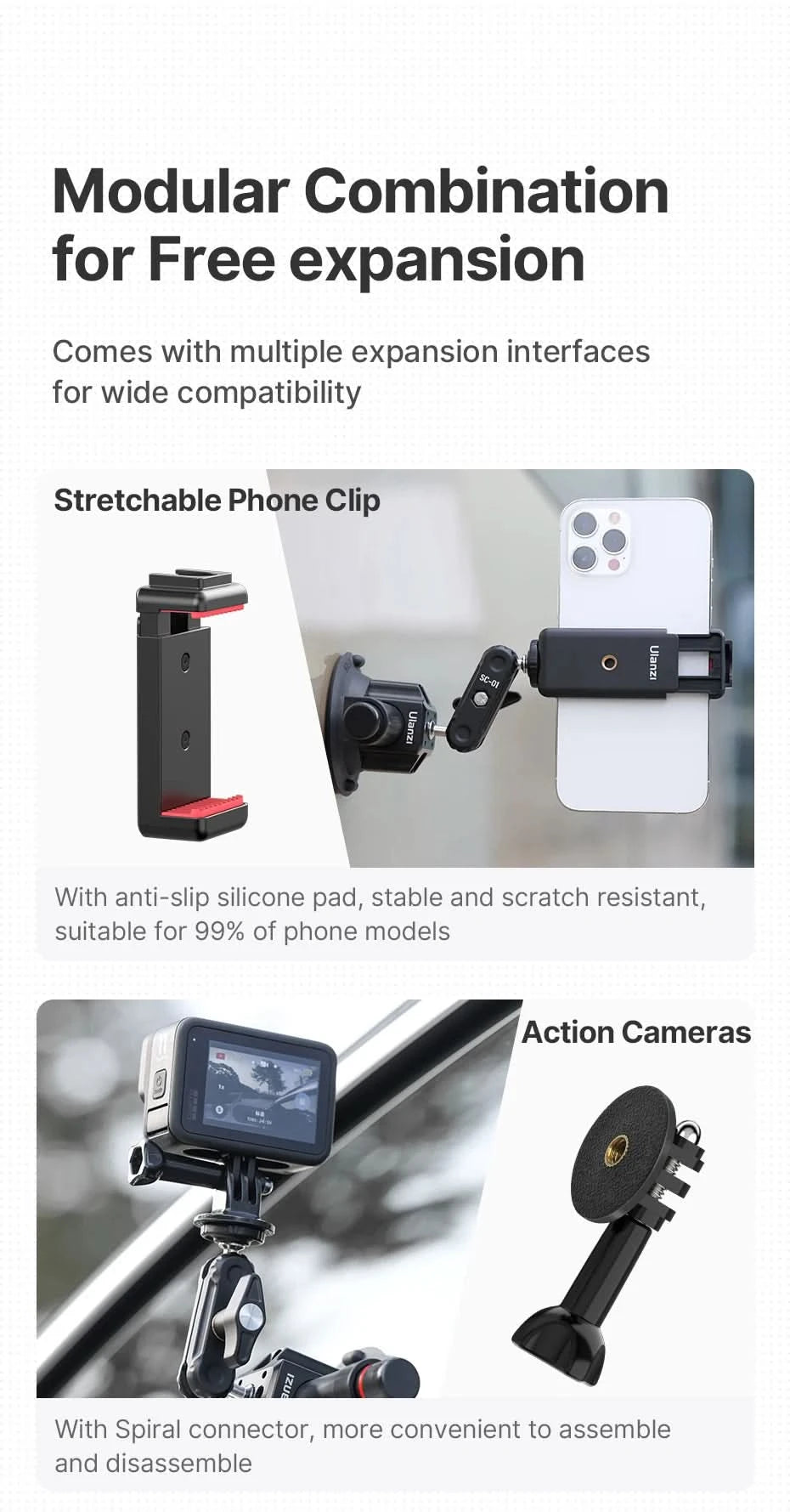 Ulanzi Auto-Handy-Action-Kamerahalterung Handpumpe Saugnapf 360° verstellbar 1/4" für GoPro für Insta360 DJI Action Smartphone