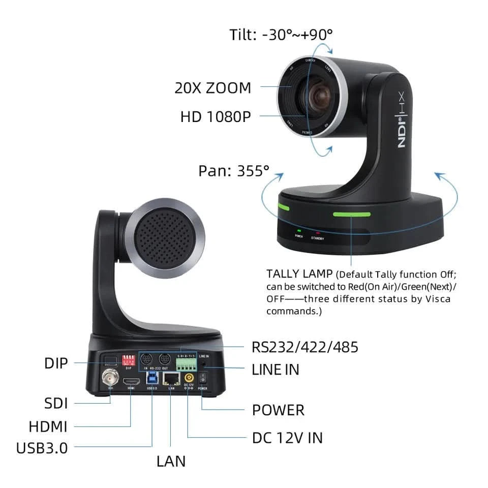 NDI HX PoE Kirchen-PTZ-Kamera 12/20-fach Zoom 60fps USB HDMI LAN SDI Steuerung für Videokonferenzen, Rundfunk, YouTube mit Tally-Leuchte
