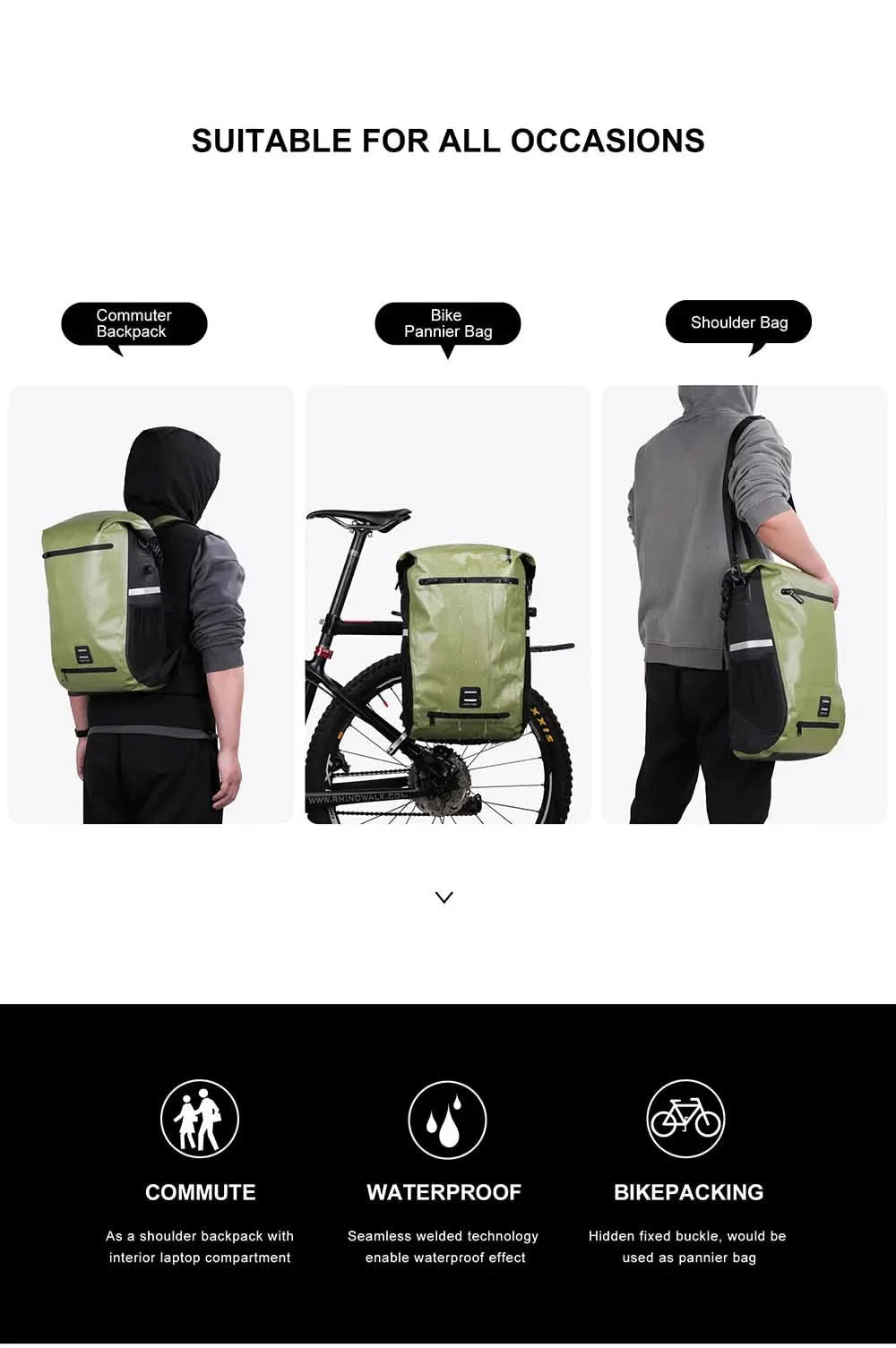 Rhinowalk Fahrrad-Packtasche 22L Vollständig wasserdichte Gepäckträgertasche Rucksack Kapazität Multifunktionaler Gepäckträger Fahrradtasche Umhängetasche
