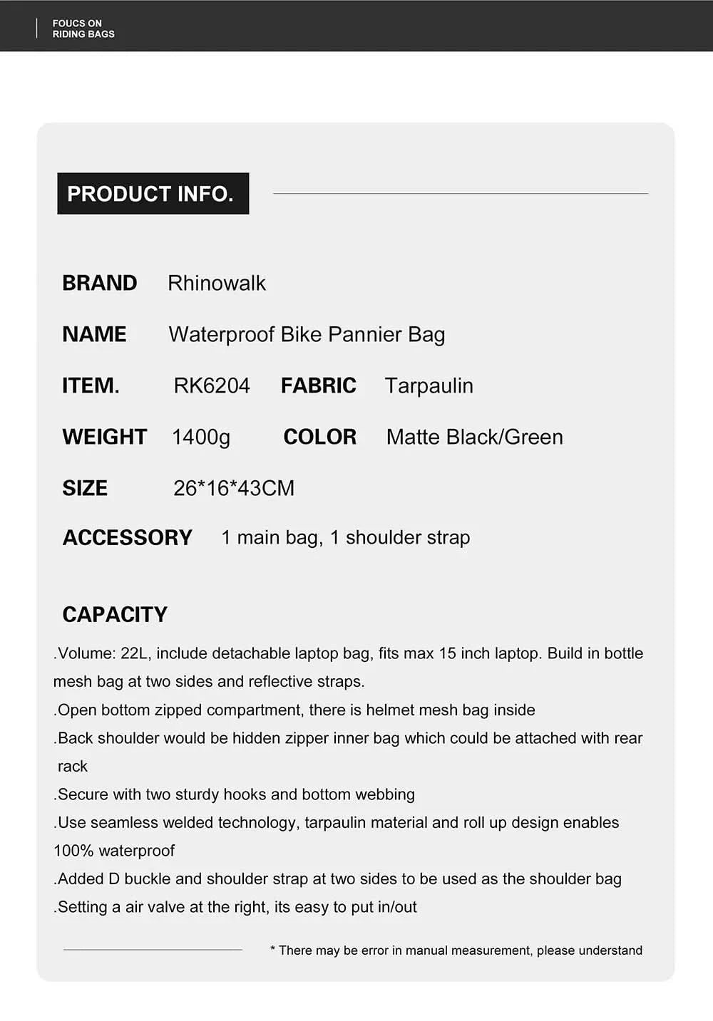 Rhinowalk Bike Pannier Bag 22L Fully Waterproof Trunk Bag Backback Capacity Multifunctional Rear Rack Cycling Bag Shoulder Bag