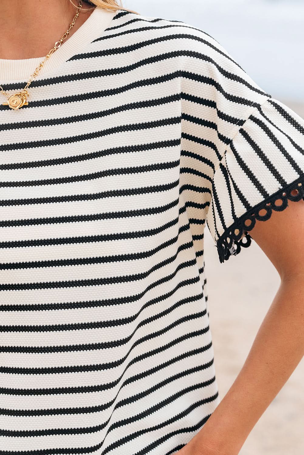Black Stripe Scallop Lace Trim Ruffle Short Sleeves Crewneck Top