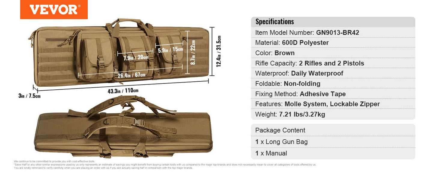 VEVOR Gewehrtasche 36/42 Zoll taktische Doppel-Langwaffentasche weiche Gewehrhülle mit abschließbarem Reißverschluss für zwei 34"/40" Gewehre & 2 Pistolen
